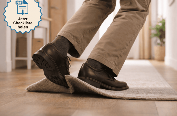 Ein Fuß, der über eine Teppichfalte stolpert.