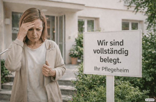 Problem der Pflege 2026: Eine Frau steht verzweifelt vor einem Pflegeheim vor einem Schild "Wir sind vollständig belegt - Ihr Pflegeheim"