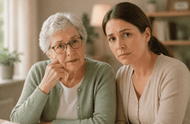 Eine Mutter und ihre Tochter schauen unsicher in die Kamera wegen der möglichen Maßnahmen der Pflegereform 2026.