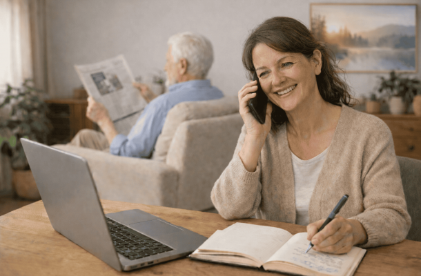 Eine Tochter will die Pflege organisieren am Telefon und vor dem Laptop. Im Hintergrund sieht man den Vater, Zeitung lesen.