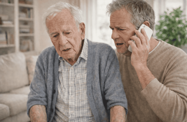 Ein Mann erleidet einen Schlaganfall, sein Sohn neben ihm ruft bereits den Notruf an. Sinnbild für die Pflege nach Schlaganfall