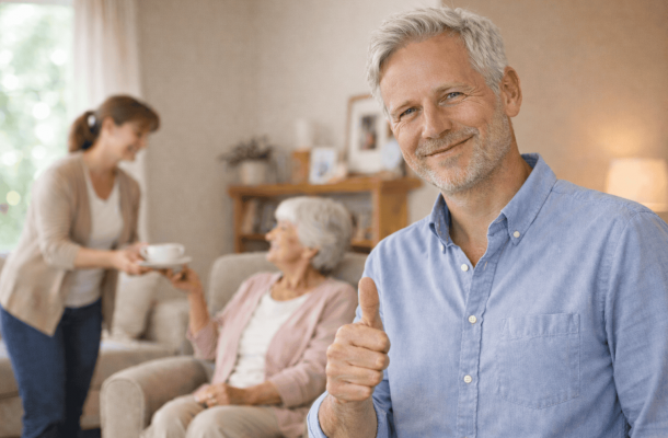 Ein glücklicher Sohn mit seiner Mutter und ihrer Betreuungskraft, die ihr Tee bringt.