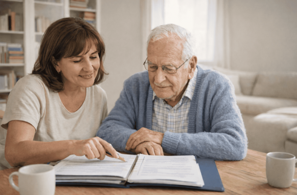 Ein Mann bei der Herzinfarkt-Nachsorge zuhause mit einer Betreuungskraft, die im Haushalt hilft., Auf dem Bild ist eine Frau völlig erschöpft am Tisch sitzend. Sinnbild für Pflegende Angehörige entlasten., Eine Frau mit Demenz sitzt munter am Fenster und schaut heraus., Eine Frau steht im Vordergrund. Auf der linken Seite steht sie im Büro, auf der rechten Zuhause bei Ihrem Vater. Sinnbild für Vereinbarkeit von Pflege und Beruf., Problem der Pflege 2026: Eine Frau steht verzweifelt vor einem Pflegeheim vor einem Schild "Wir sind vollständig belegt - Ihr Pflegeheim", Ein Mann erleidet einen Schlaganfall, sein Sohn neben ihm ruft bereits den Notruf an. Sinnbild für die Pflege nach Schlaganfall, Geldscheine und Münzen in aufsteigener Höhe aufgestellt mit einem Pfeil nach oben und einem Fragezeichen - Sinnbild für Rentenerhöhung 2026, Eine Tochter will die Pflege organisieren am Telefon und vor dem Laptop. Im Hintergrund sieht man den Vater, Zeitung lesen., Eine besorgte ältere Frau wird Opfer des Enkeltrick., Die gesetzliche Betreuung erklärt einem Mann die Dokumente auf dem Tisch.