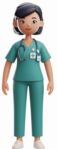 Freundliche 3D-Avatar-Figur einer Pflegeberaterin in blauer Kleidung mit Herz-Logo, stehend in sympathischer Pose.